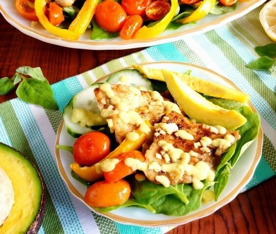 Garlic Butter Tilapia Salad with Creamy Avocado Dressing